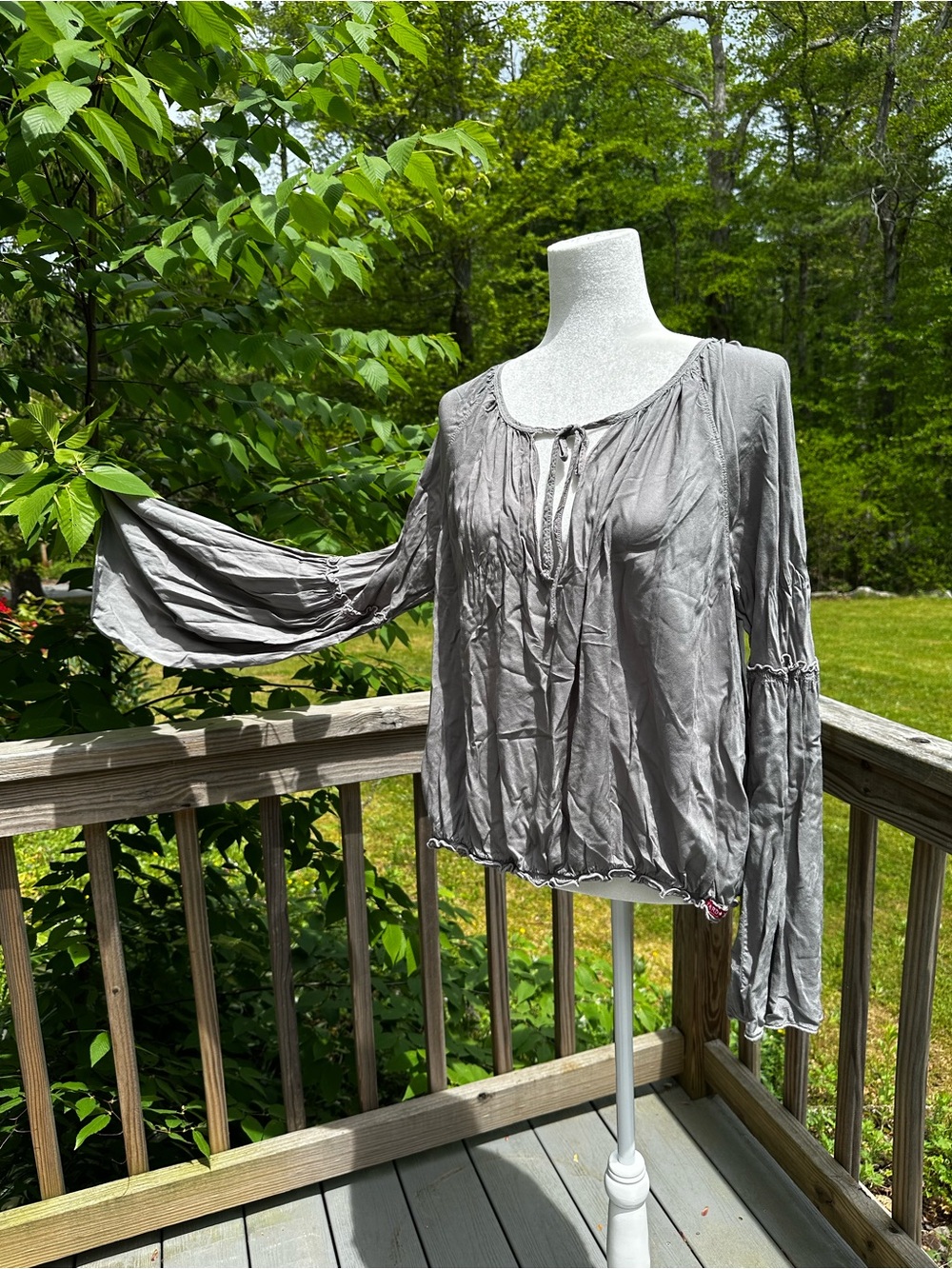 Women’s Hard Tail Bell Sleeve Gray Peasant Blouse - Lightweight Tie-Neck Top